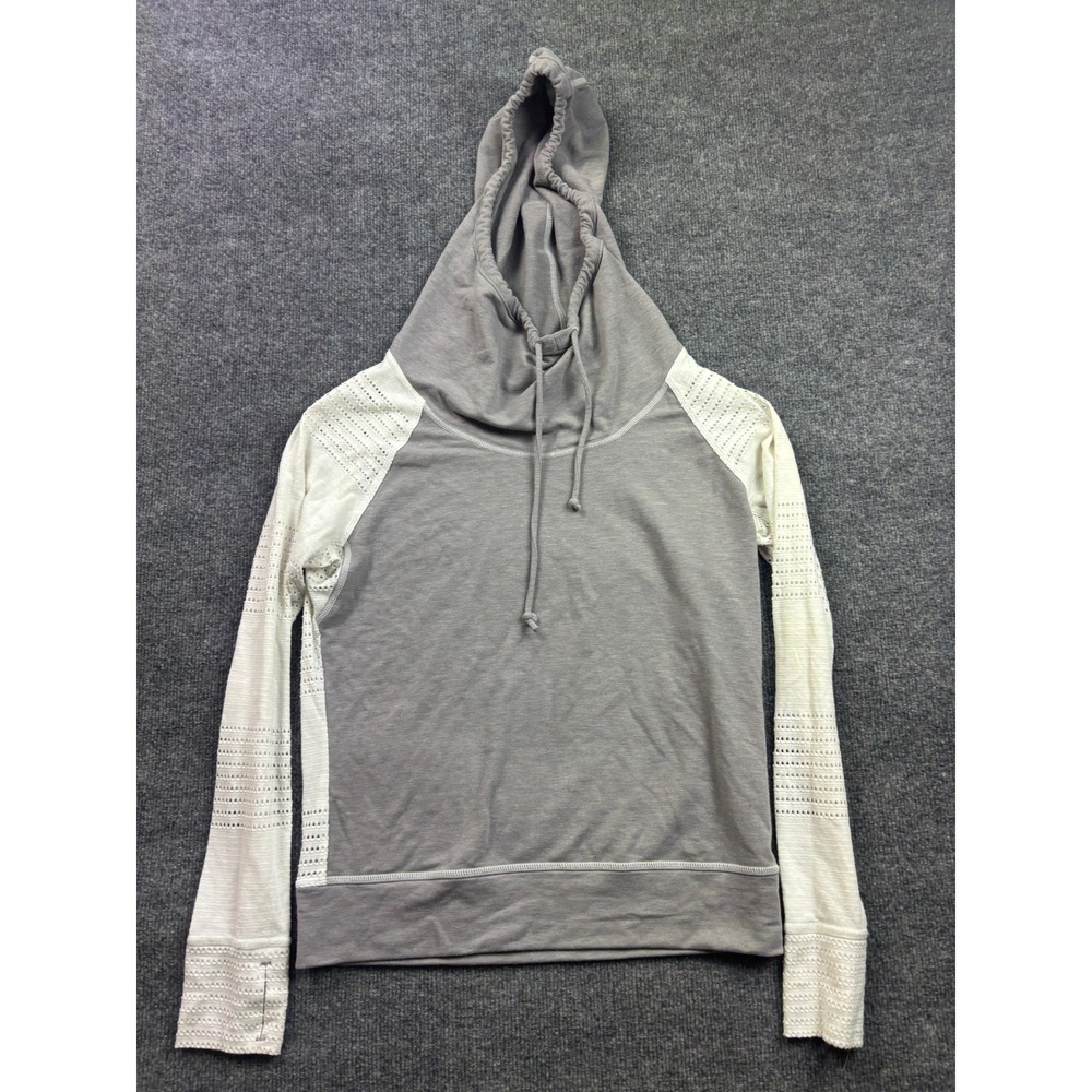 Athleta Limitless Hoodie Women Small Gray White Pointelle‎ Knit Raglan Thumbhole